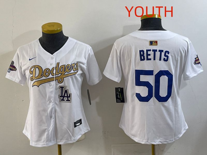 Youth Los Angeles Dodgers #50 Betts White Champion edition Nike MLB Jersey style 006